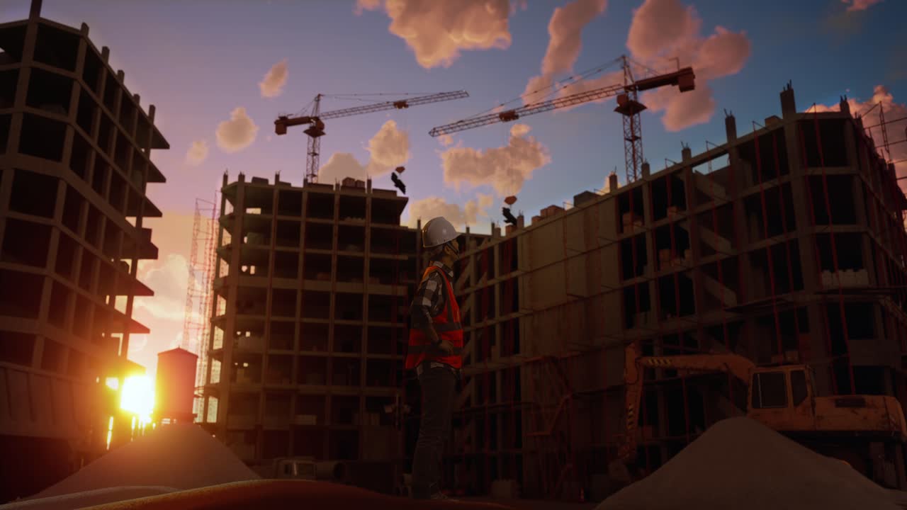 Full Body Side View Of Asian Male Engineer Wearing Safety Helmet Looking Around While Standing With Arms Akimbo At Construction Site, During Sunset Or Sunrise Time