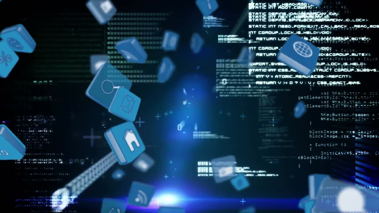 Internet icons and symbols falling with program codes