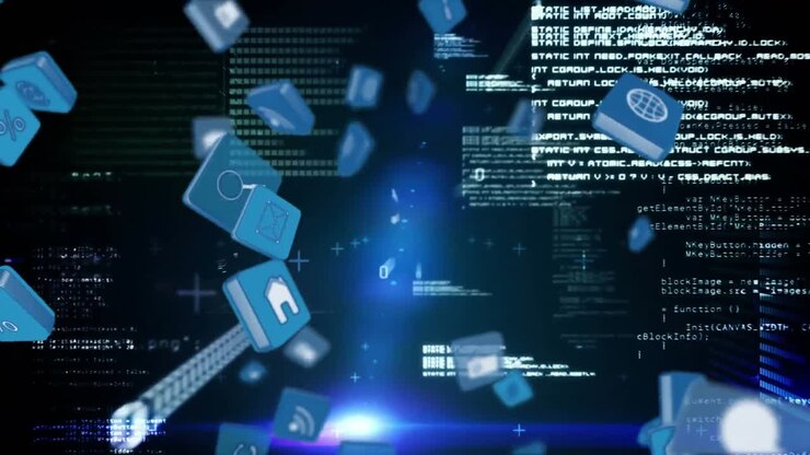 Internet icons and symbols falling with program codes