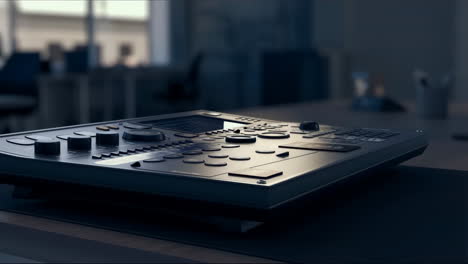 close-up of an electronic control panel on a desk in an office setting