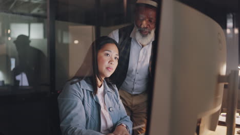 office, overtime and woman with manager
