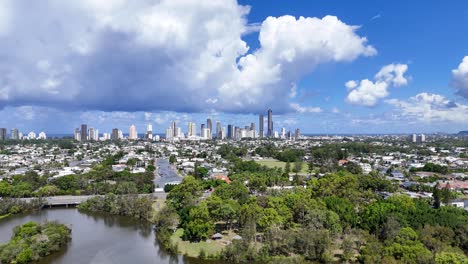 city skyline with greenery and water bodies