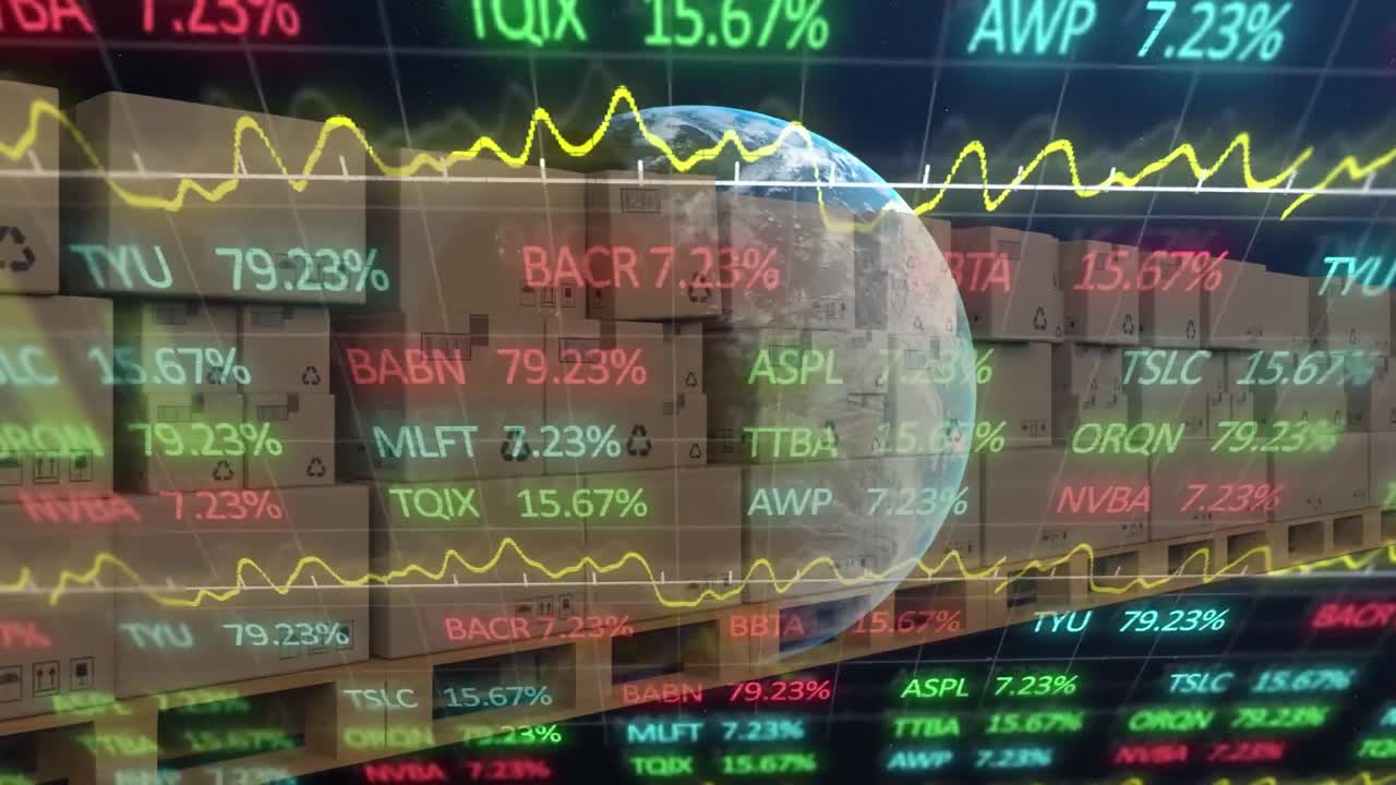 Börsendatenverarbeitung und sich drehender Globus vor dem Hintergrund von Pappkartons auf Förderbändern