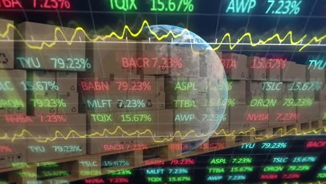 stock market data processing and spinning globe against cardboard boxes moving on conveyor belts