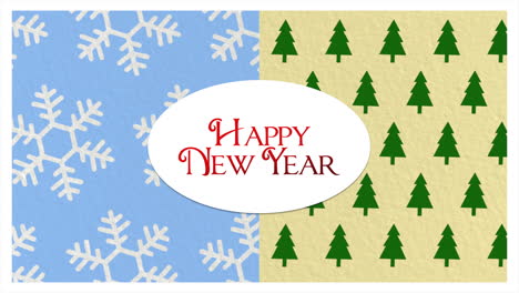 Feliz-Año-Nuevo-Con-Copos-De-Nieve-Y-Patrón-De-árboles-Verdes-De-Navidad