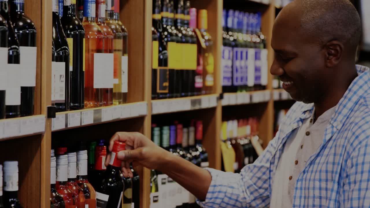 Mature shopper reaching bottle in wine aisle to read label, animated magnifier highlighting label