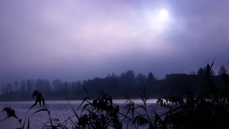 Amanecer-Brumoso-Sobre-El-Río-Y-Juncos-En-La-Mañana-De-Otoño