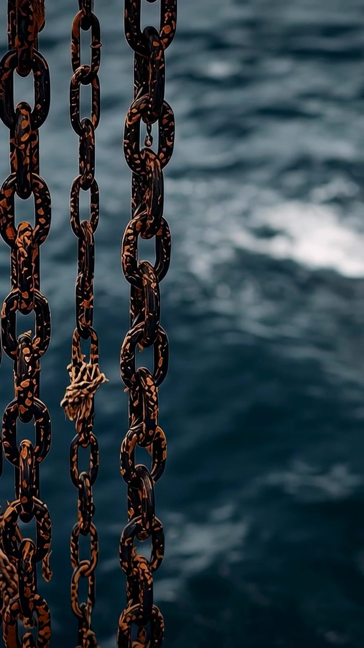 Video verticale: Ondata che muove catene arrugginite sospese sul mare, con corda sfilacciata e schiuma, spazio per il testo.