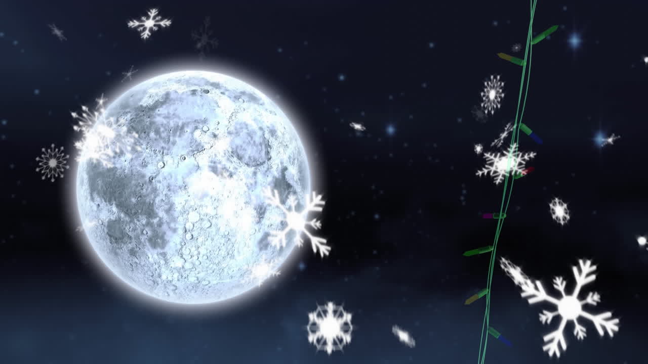 Coloured christmas string lights flashing falling snowflakes and full moon in night sky