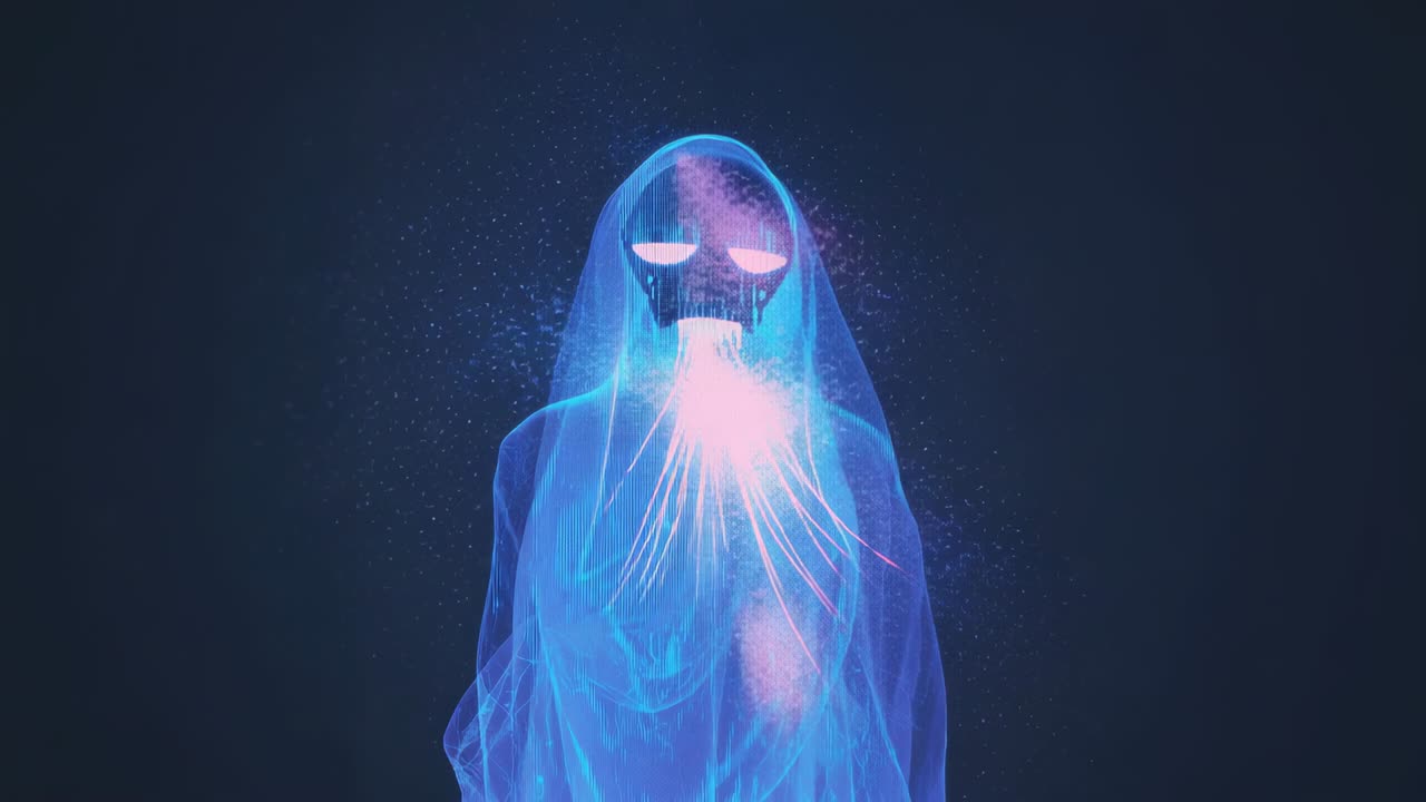 Appearing masked blue holographic humanoid in black void, pulsing chest orb amid drifting particles