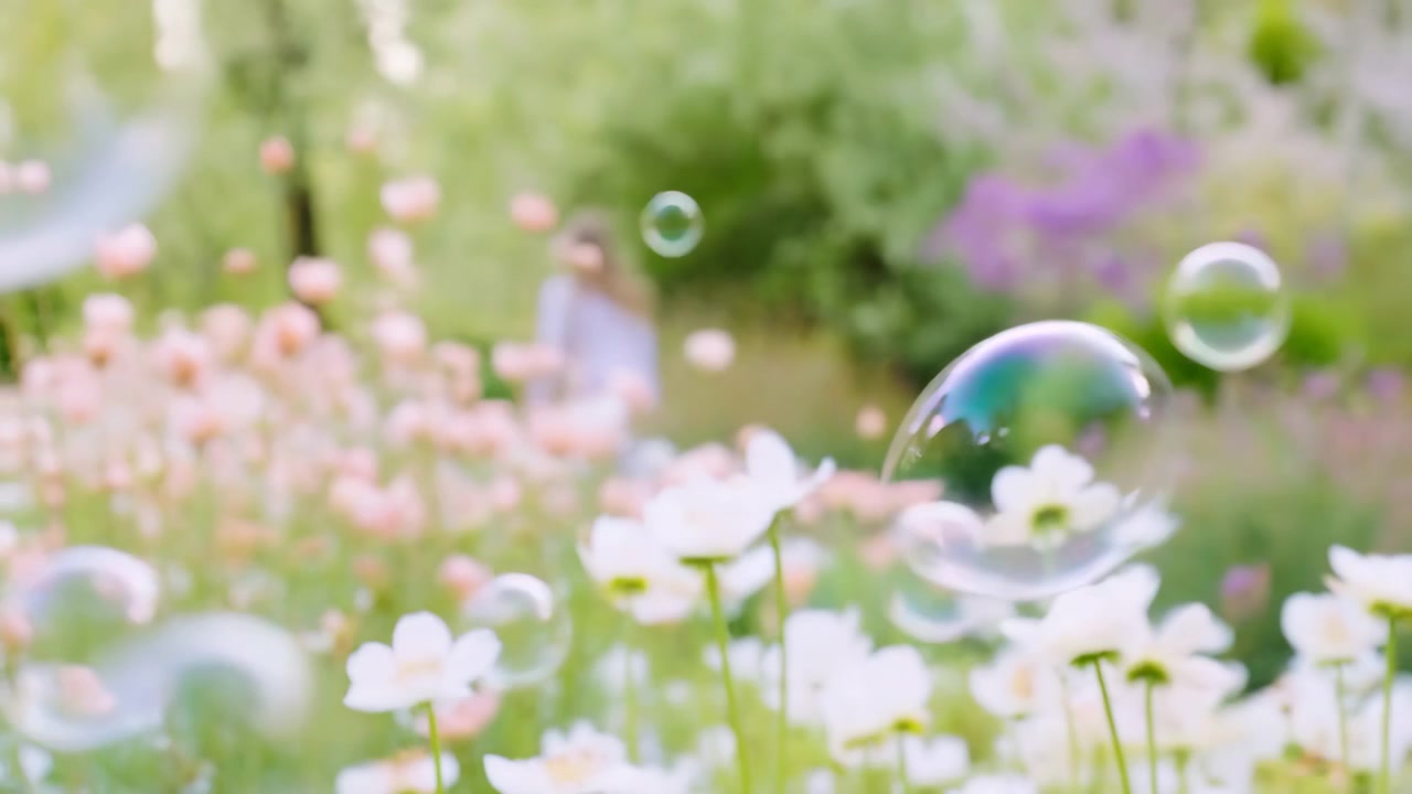 Multiple translucent soap bubbles drift over shallow-focus meadow of white and pink flowers, with glossy reflections, soft bokeh, blurred human silhouette, and calm spring atmosphere