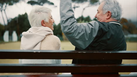 hug, senior couple and back at park for retirement