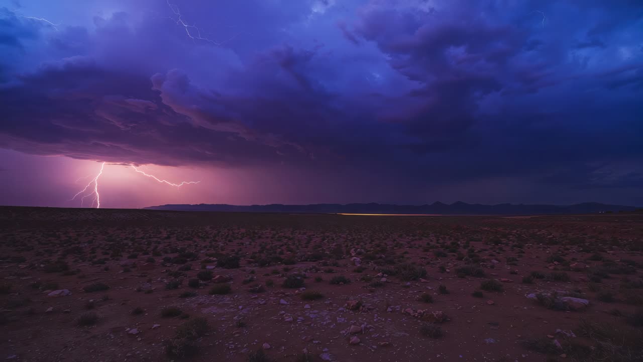 Fulmine impressionante che emana una luce rosa sul deserto sotto un banco di nuvole tempestose, proiettando l'ombra di una cresta