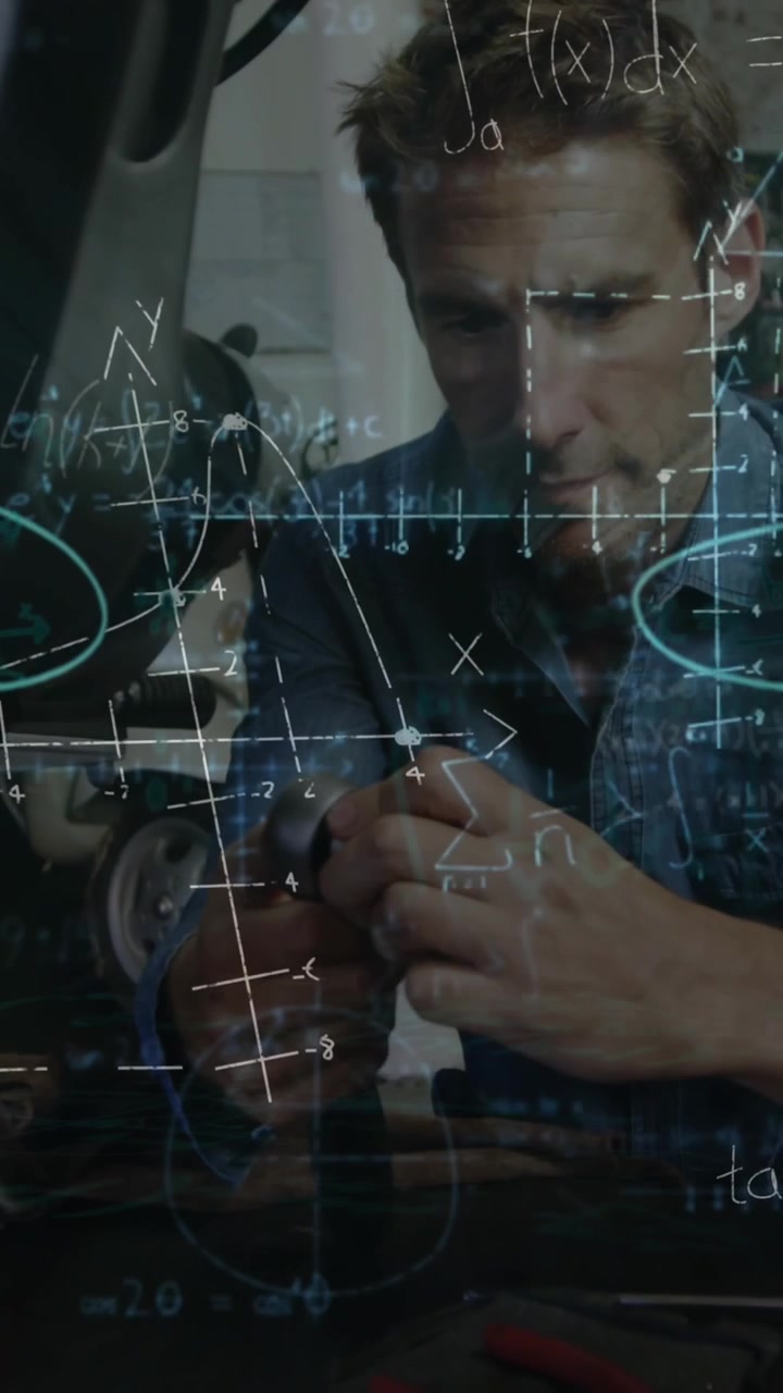 Animation of mathematical equations over caucasian male mechanic working on motorbike