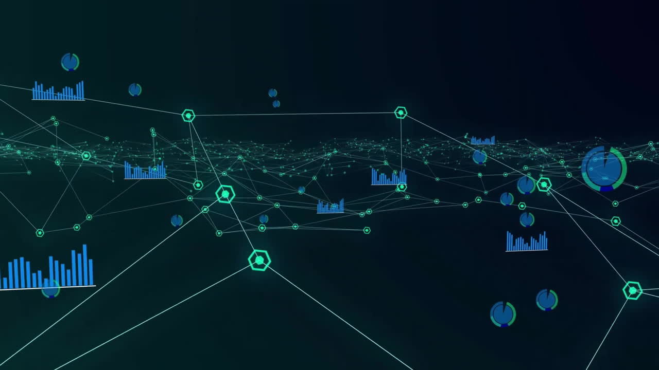 Animation of communication network and charts processing data on black background