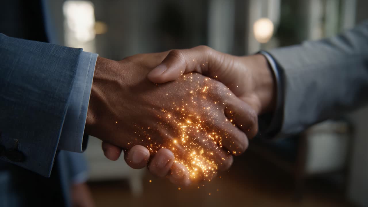 A powerful handshake symbolizes partnership and unity, enhanced with magical sparkles representing trust, collaboration, and a shared vision for the future