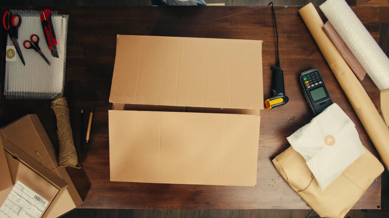 E-commerce storage shop, woman packing goods and clothes for second hand delivery market, dedicated Packaging and Shipping Workspace with Supplies and Technology for efficiency, online sales.