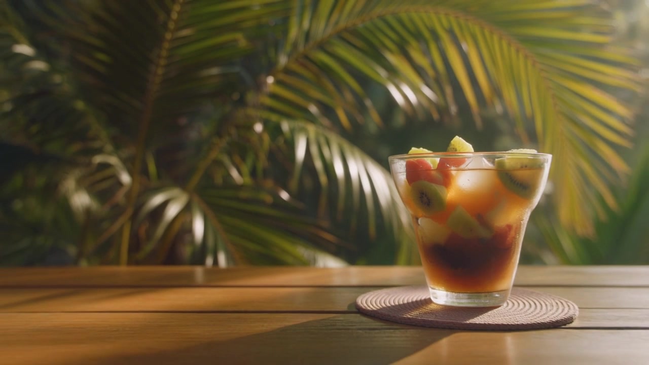 Cocktail di frutta rinfrescante in bicchiere su tavolo di legno con foglie di palma