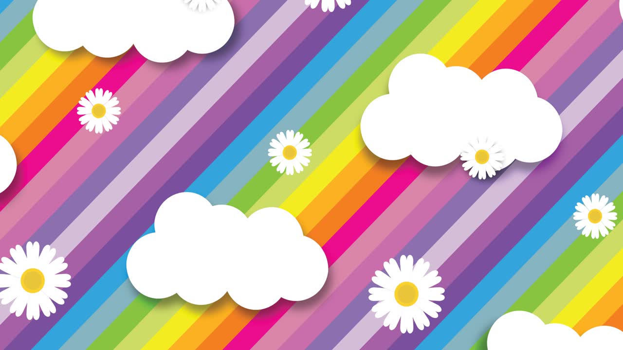 animación de nubes blancas y flores repetidas en el fondo del arco iris