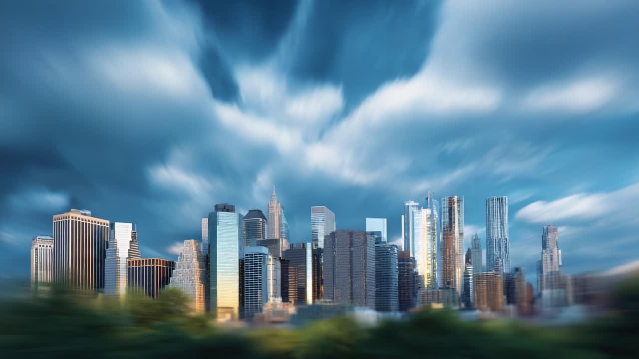 Stunning City Skyline Under Dramatic Clouds: A Captivating View of Urban Architecture Against a Backdrop of Dynamic Weather Patterns