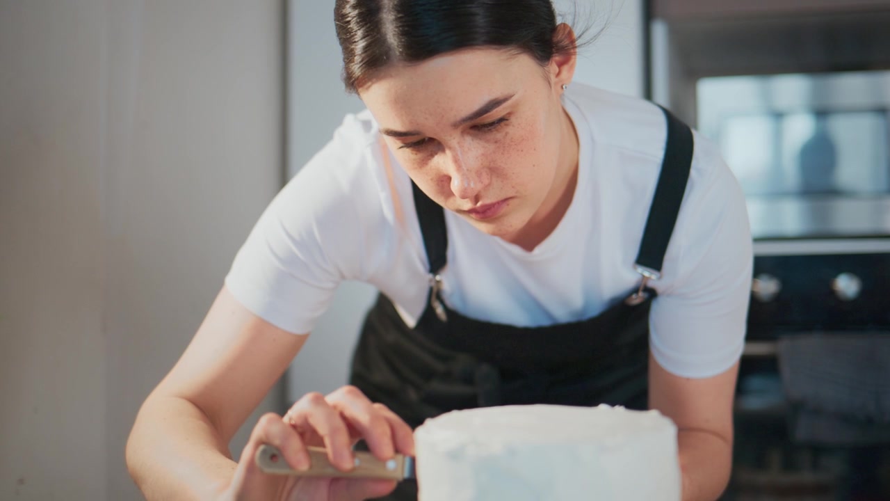 Una giovane donna si concentra intensamente mentre glassa una torta. Indossa una salopette nera sopra una camicia bianca. Sfondo di cucina con illuminazione soffusa e naturale. La sua espressione mostra profonda concentrazione e cura.