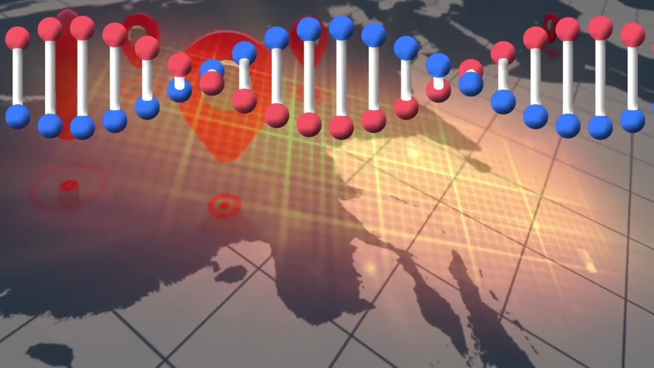 심박수 모니터와 세계 지도에 있는 지리적 위치 마커 위에 회전하는 dna 가닥의 애니메이션