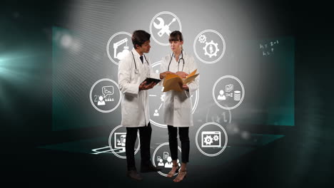 animación de iconos de los medios sobre los médicos caucásicos hablando