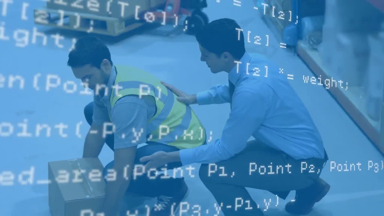 창고에서 상자를 논의하고 운반하는 남성들에 대한 데이터 처리 애니메이션