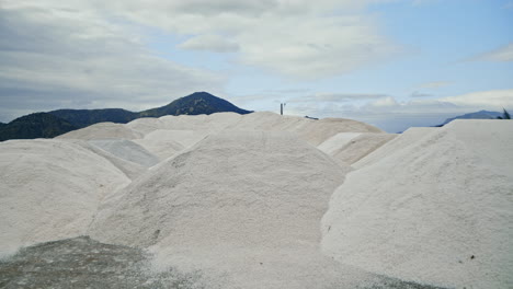 large piles of white salt in a salt field with mountains in the background