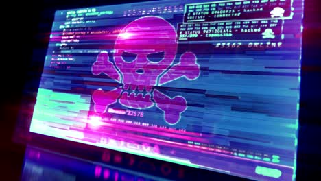 Cyber attack with skull symbol alert on screen loop animation