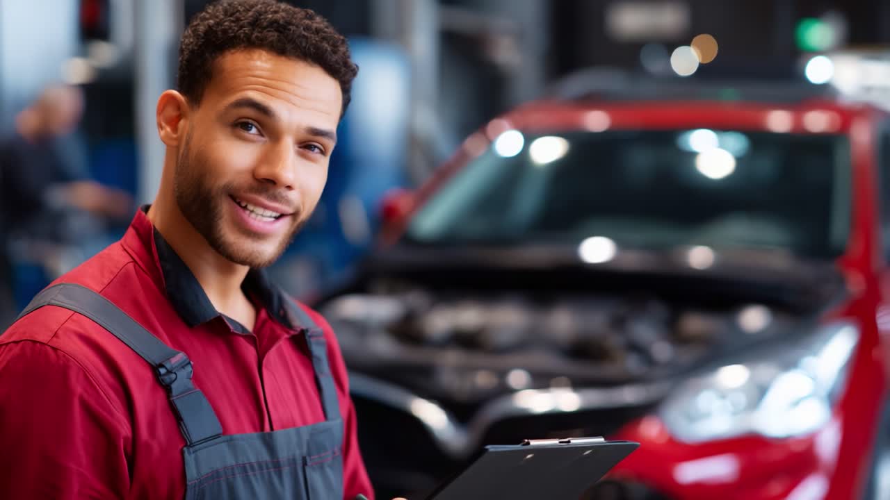 Tecnico automobilistico sorridente con blocco appunti in garage, pronto ad assistere i clienti con la manutenzione e le riparazioni dei veicoli in un ambiente di officina automobilistica