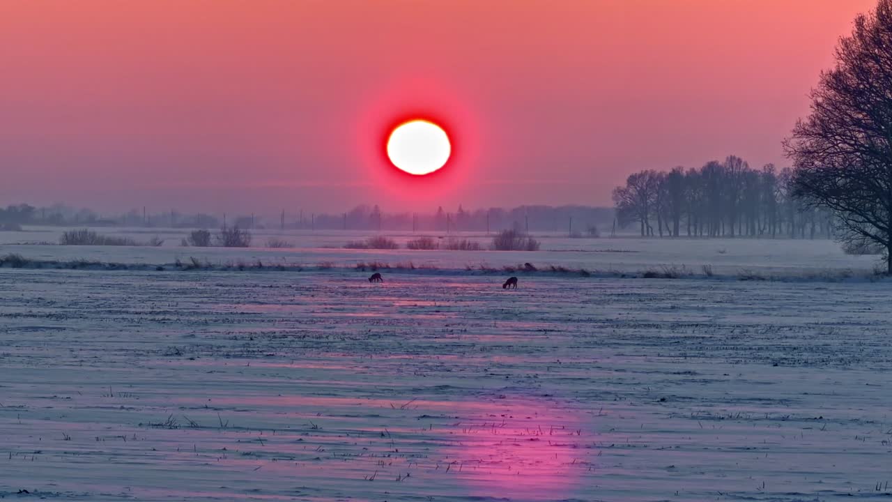 Statisk billede af glødende rød sol, der går ned over sneklædt mark og stille landskabshorisont