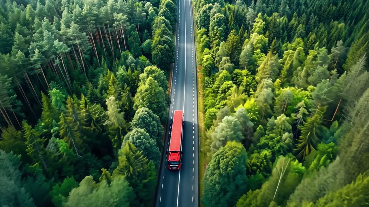 Red Truck Driving Through a Dense Forest on a Straight Road from an Aerial View