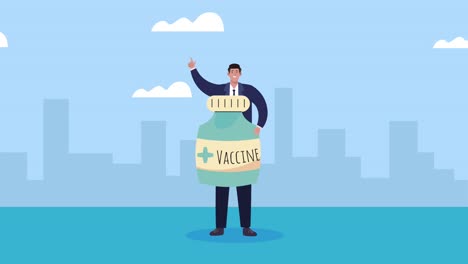 covid19 vaccine animation with man lifting vial