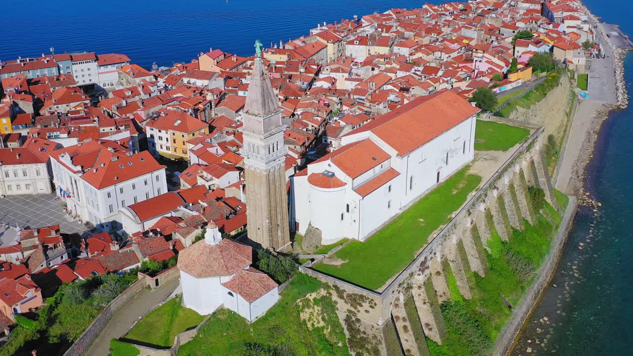 St. George Parish Church and medieval Piran town. Aerial