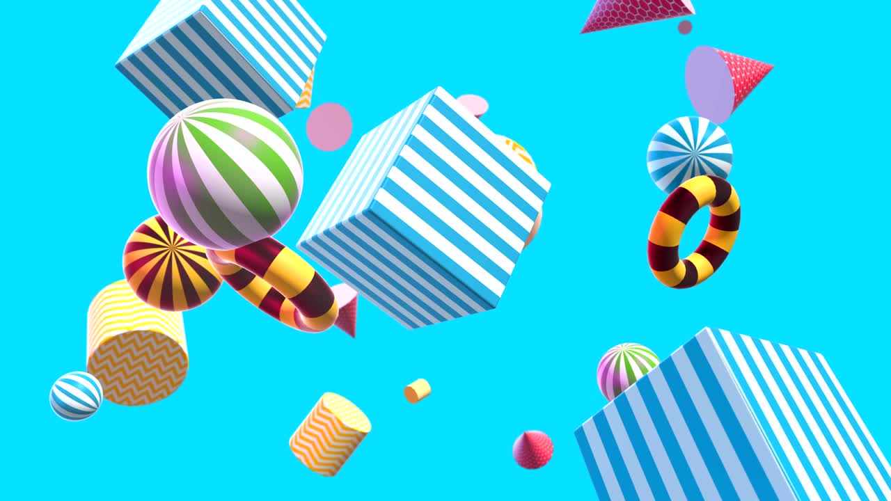 Abstract colorful background with flying or floating simple geometric forms. Multicolored decorative loopable 3d animation. Bright modern motion composition.