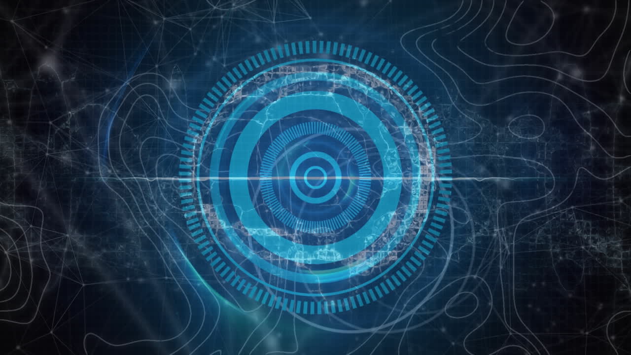 animación de la red de conexiones con cerebro digital y escaneo de alcance sobre líneas blancas