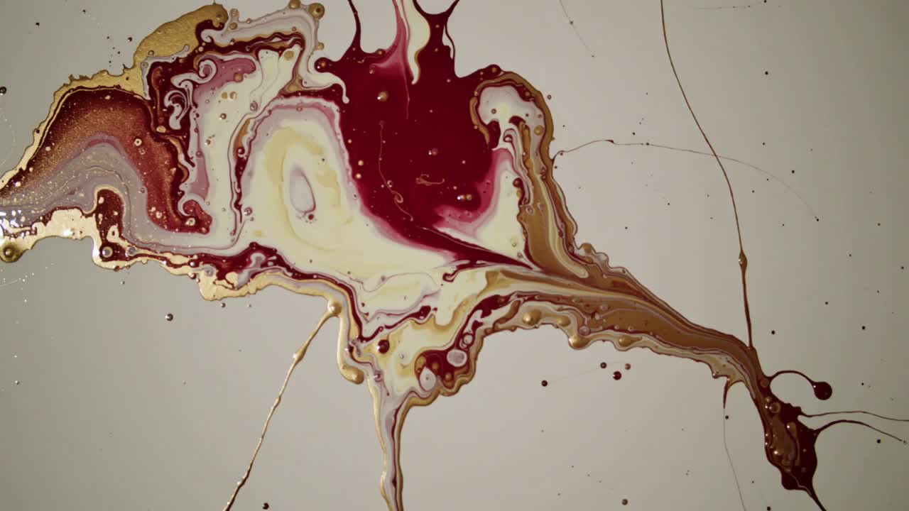 Following pour, pooled paints spreading and morphing on pale panel, revealing crimson and gold