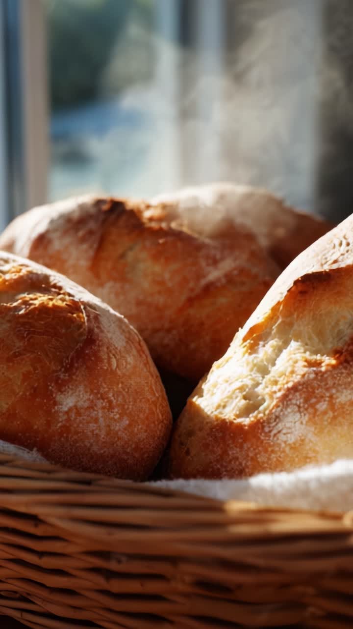Panini appena sfornati in un cesto con vapore che sale, che evoca calore e delizia, perfetti per qualsiasi pasto o riunione, ideali da condividere e gustare