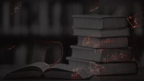 ecuaciones matemáticas con figuras y una pila de libros