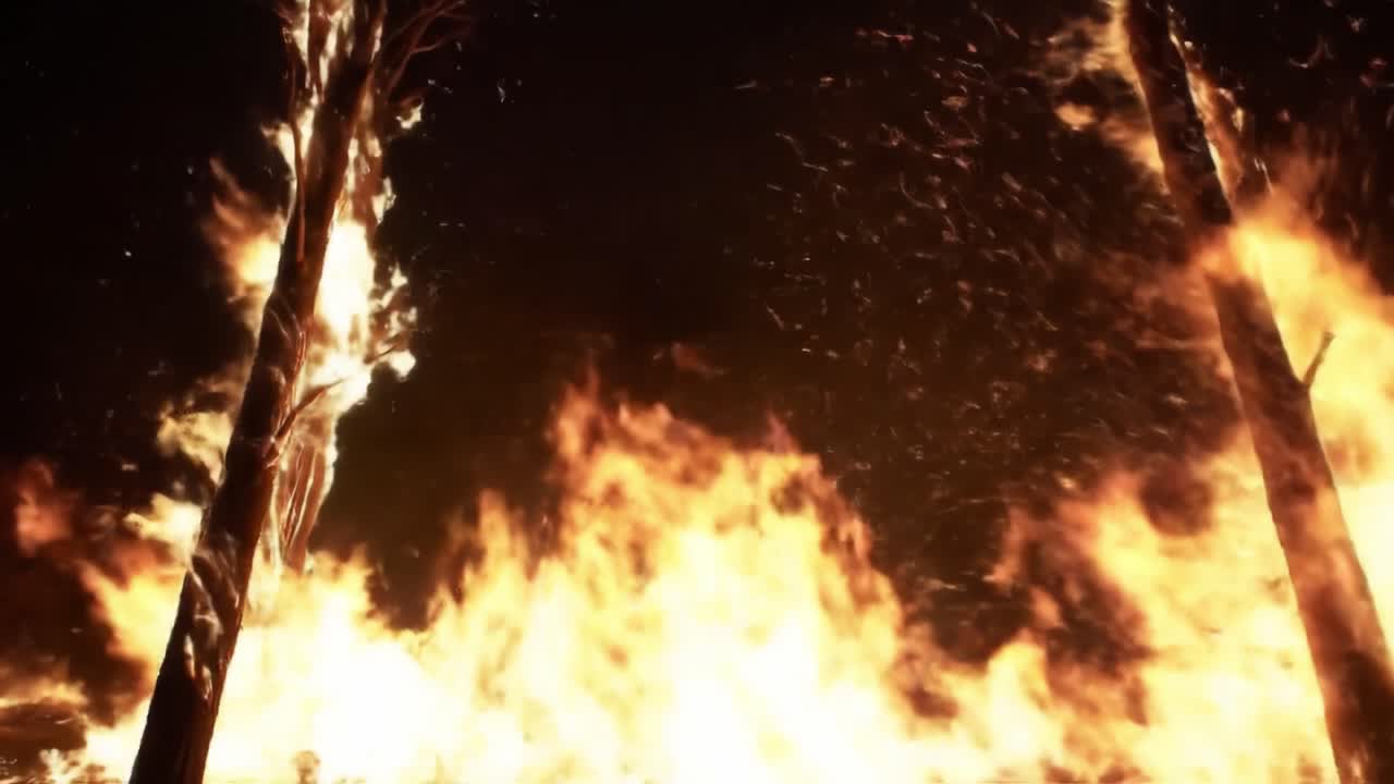 A Dramatic Display of Inferno: Capturing the Intensity of a Firestorm as Flames Dance Vividly Against the Night Sky, Radiating Heat and Light