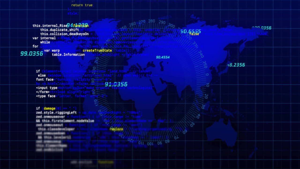 Animation of digital data processing over globe with world map on black background