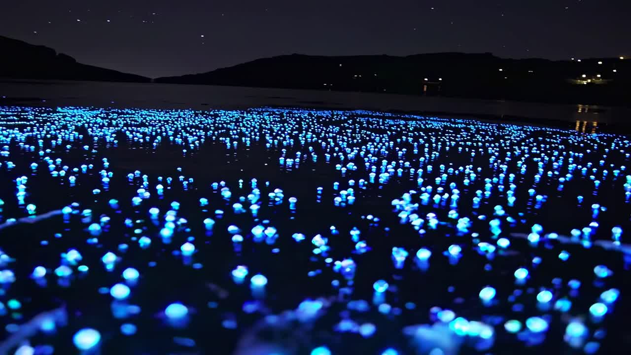A mesmerizing low-angle video captures a glowing bioluminescent shoreline under a starry night sky