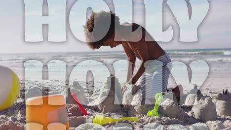 animación de felicitaciones de navidad texto sobre niño afroamericano en la playa