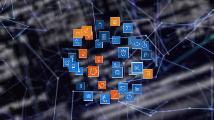 Animation of network of connections with icons and data processing