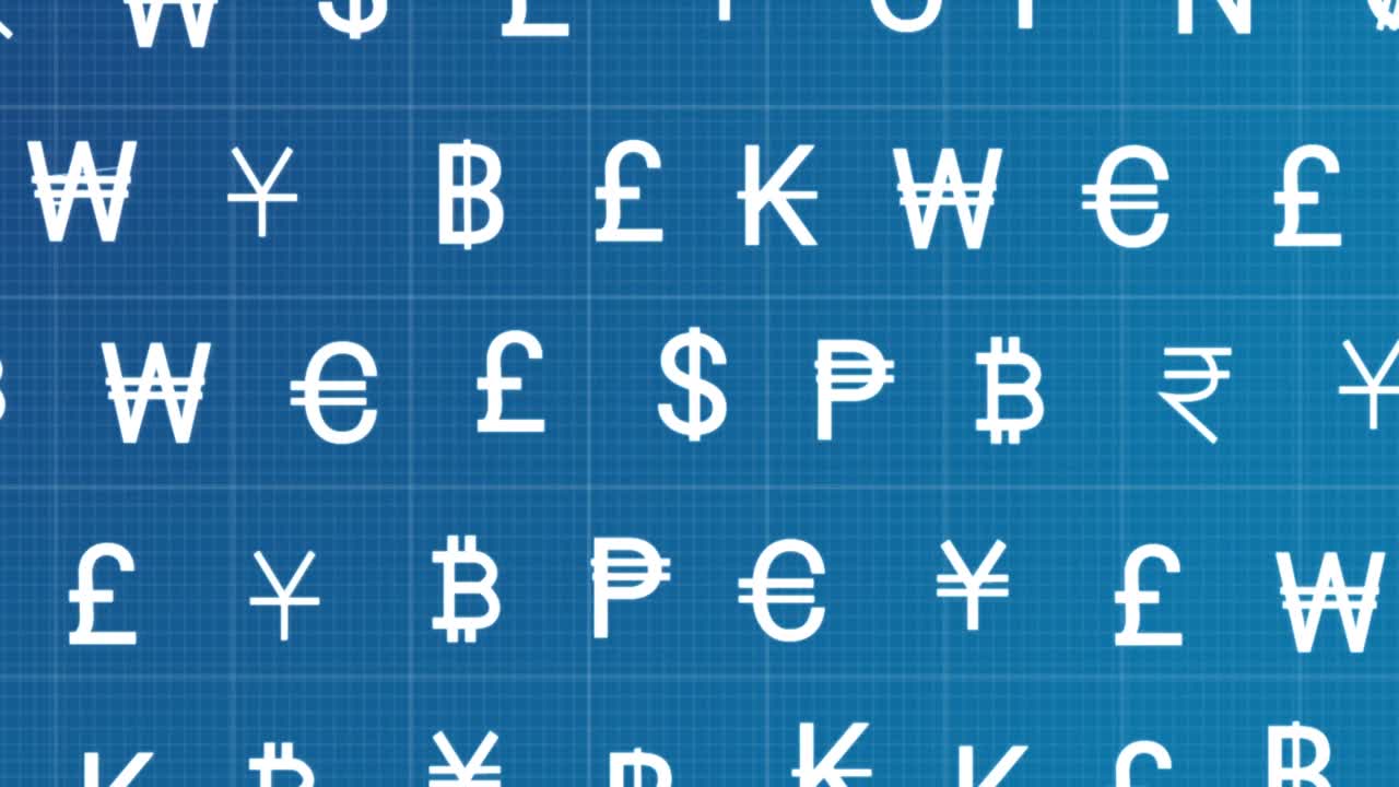 파란색 배경 에 움직이는 통화 표지판 의 행 의 애니메이션