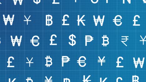 Animation-of-rows-of-currency-signs-moving-on-blue-background