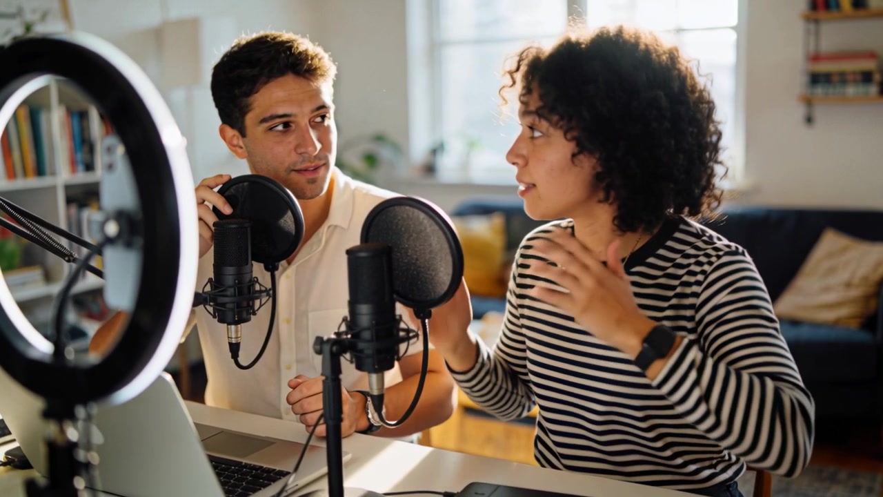 Avviando la registrazione, co-conduttori che discutono del podcast in uno studio casalingo, con una donna in maglietta a righe che regola i microfoni.