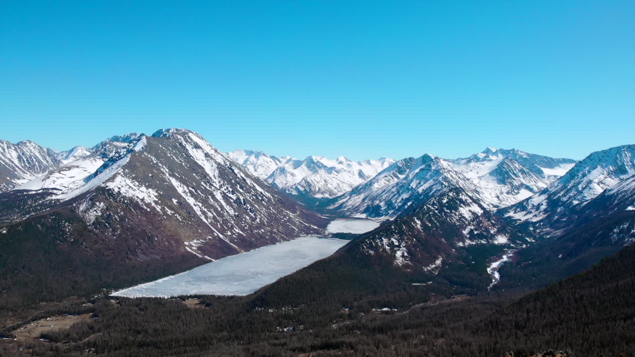 Panoramic View of Snowy Mountains and Frozen Lake