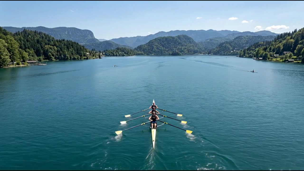 Persone che partecipano ad attività sportiva acquatica all'aperto sul lago e paesaggio naturale